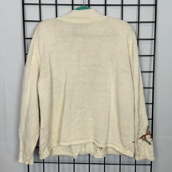 Vintage Ms Lee Cardigan Sweater Womens 2X Ivory Art to Wear Cottagecore Cardinal - Picture 7 of 12